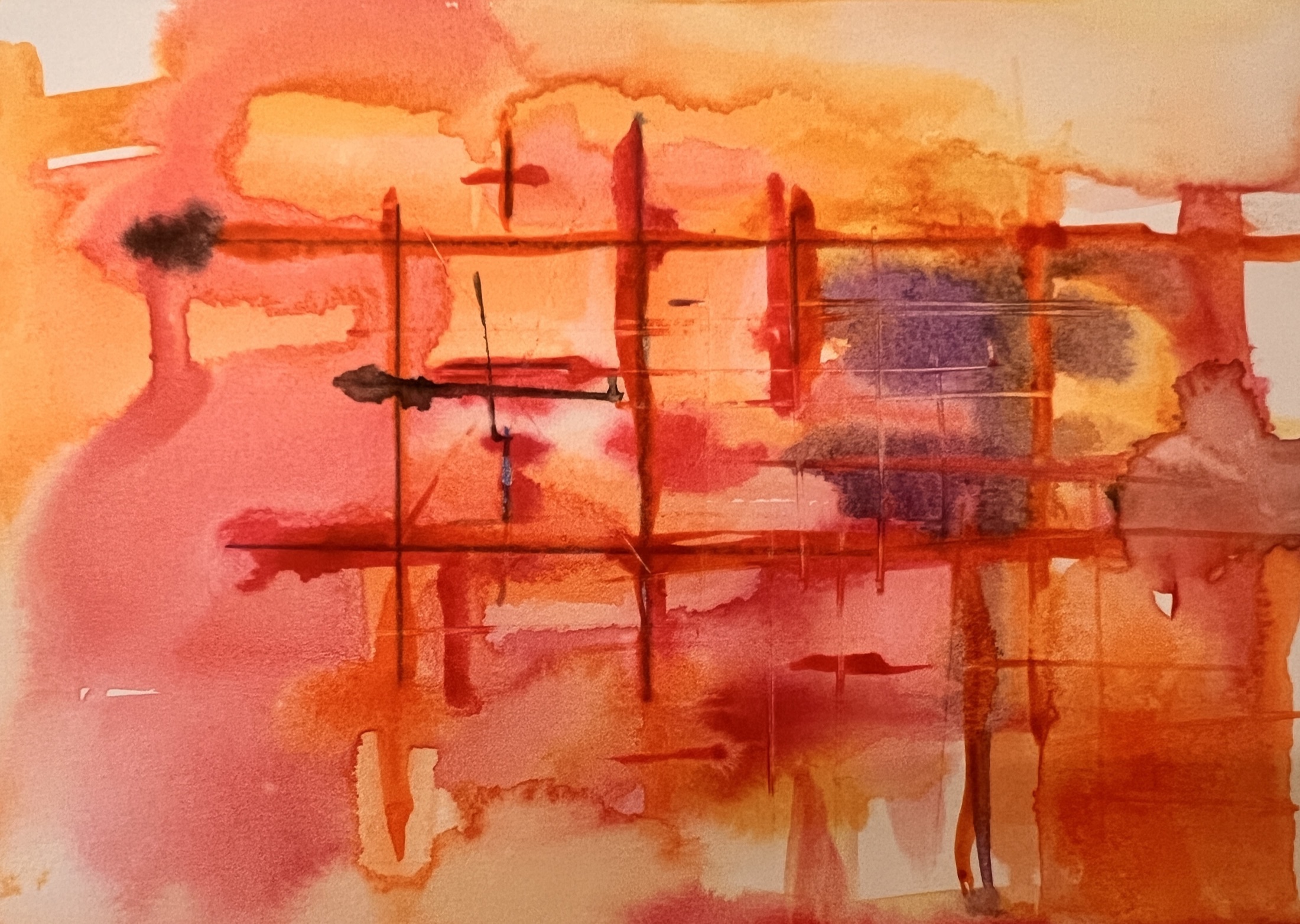 Warm orange and red watercolor woven with a lattice of structured strokes